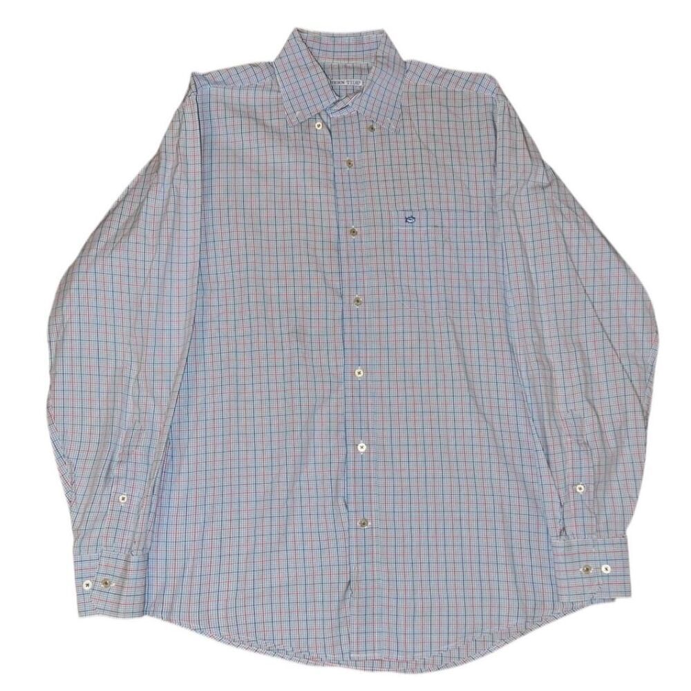 Southern Tide Blue and white plaid button-up shirt